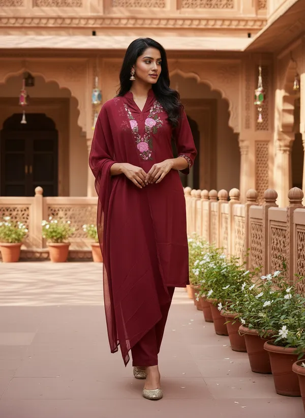 Maroon_Viscose_Rayon_Straight_Embroidered_Kurta_Set_For_Women