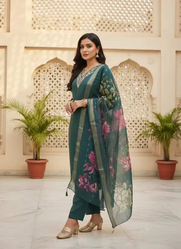 Teal_Roman_Silk_Straight_Floral_Printed_Kurta_Set_For_Women