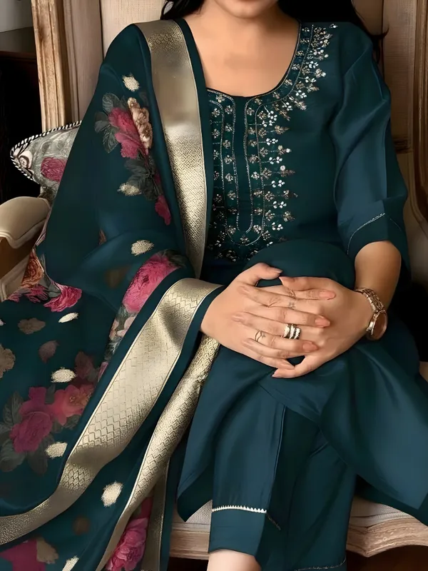 Teal_Viscose_Rayon_Embroidered_Kurta_Set_For_Women