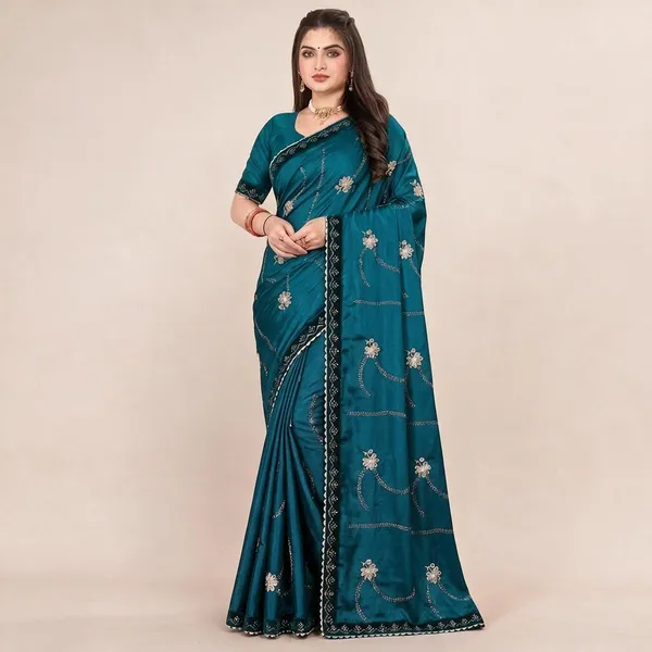 Teal_Heavy_Chinnon_Embroidered_Saree_For_Women