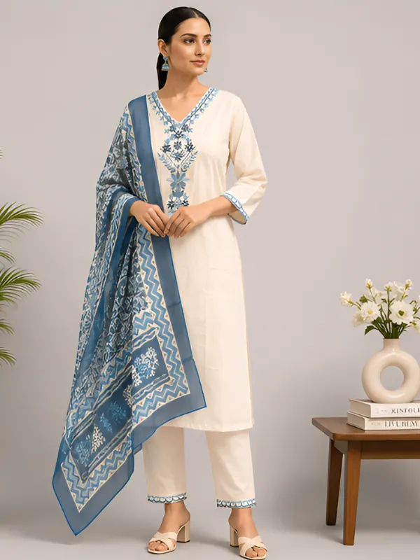 Cream_Blue_Viscose_Rayon_Straight_Kurta_Set_For_Women