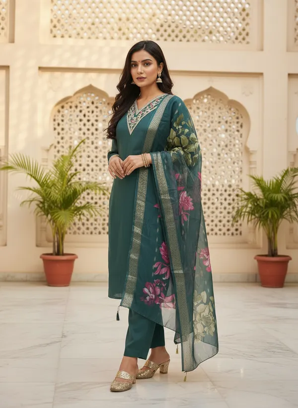 Teal_Roman_Silk_Straight_Floral_Printed_Kurta_Set_For_Women