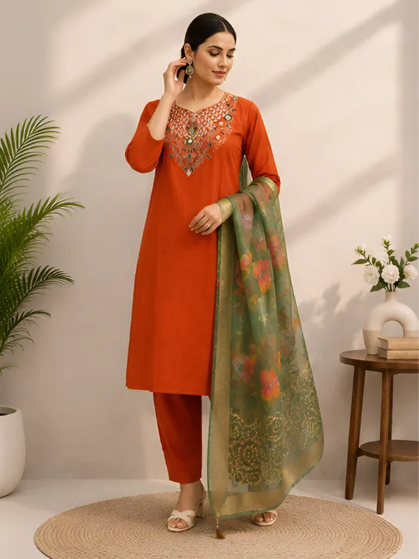 Orange_Roman_Silk_Straight_Embroidered_Kurta_Pant_Set_For_Women