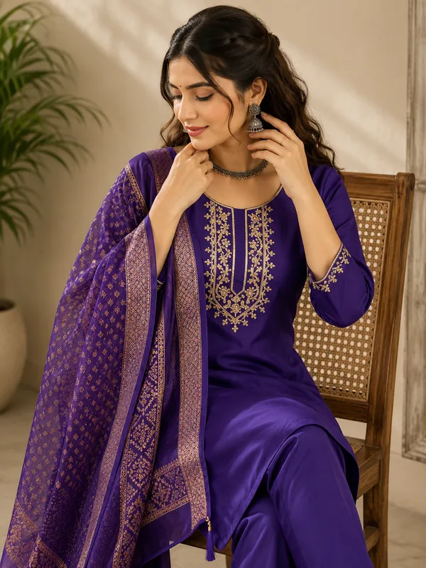 Purple_Roman_Silk_Straight_Embroidered_Kurta_Set_For_Women