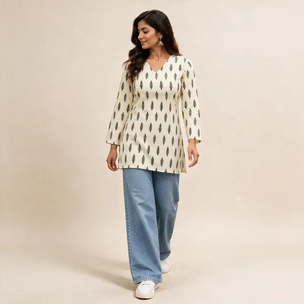 Cream_Cotton_Straight_Leaf_Printed_Kurta_For_Women