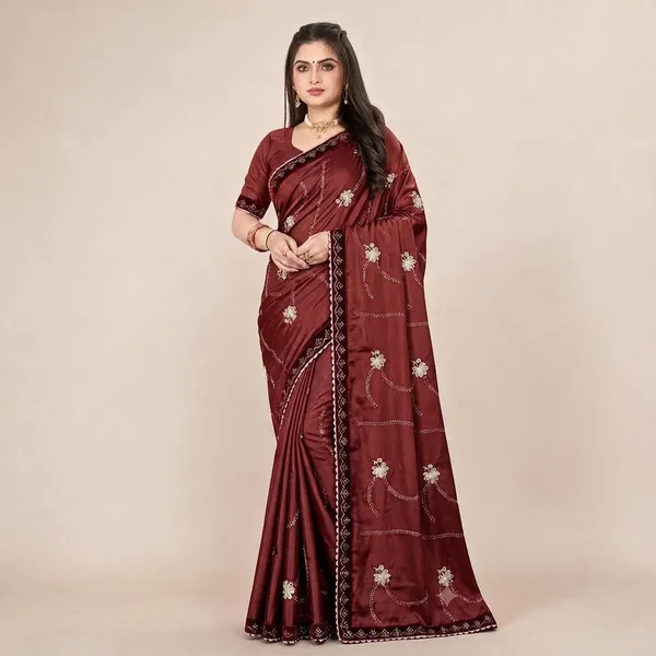 Maroon_Heavy_Chinnon_Floral_Print_Saree_For_Women