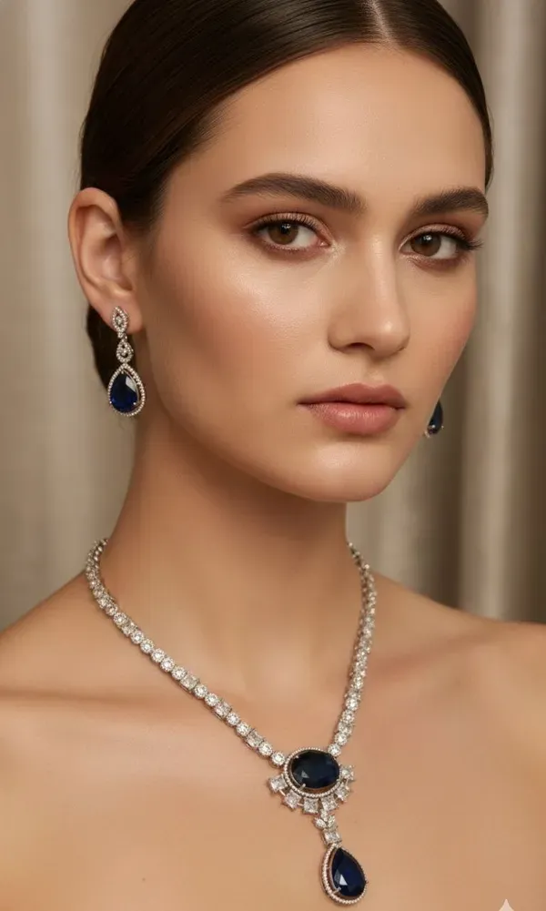 Silver_And_Sapphire_Blue_Stone_Teardrop_Necklace_And_Earrings_Set_For_Women