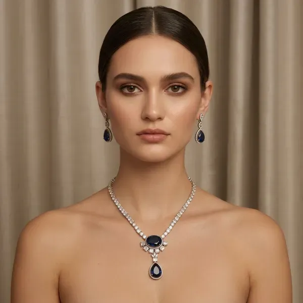 Silver_And_Sapphire_Blue_Stone_Teardrop_Necklace_And_Earrings_Set_For_Women
