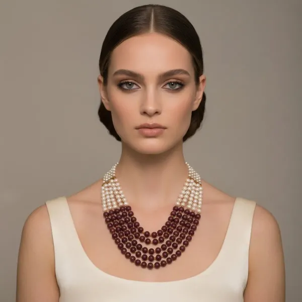 White_And_Maroon_Pearl_Beaded_Multi_Layer_Statement_Necklace_For_Women