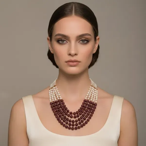 White_And_Maroon_Pearl_Beaded_Multi_Layer_Statement_Necklace_For_Women