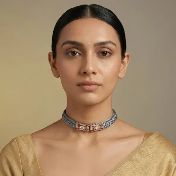 Grey_Fabric_Kundan_Polki_Ruby_Stone_Choker_Necklace_For_Women