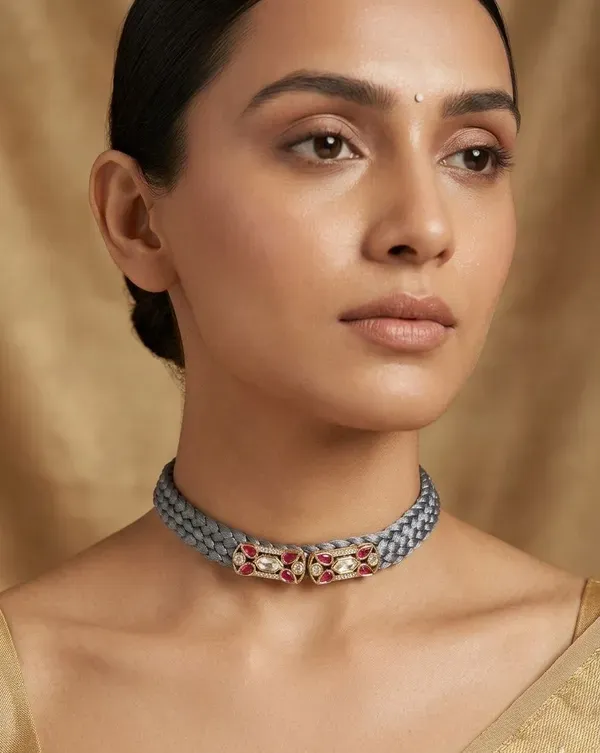 Grey_Fabric_Kundan_Polki_Ruby_Stone_Choker_Necklace_For_Women