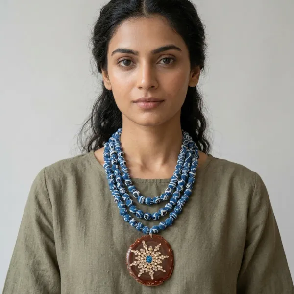 Blue_Fabric_Beaded_Multi_Layer_Pendant_Necklace_For_Women