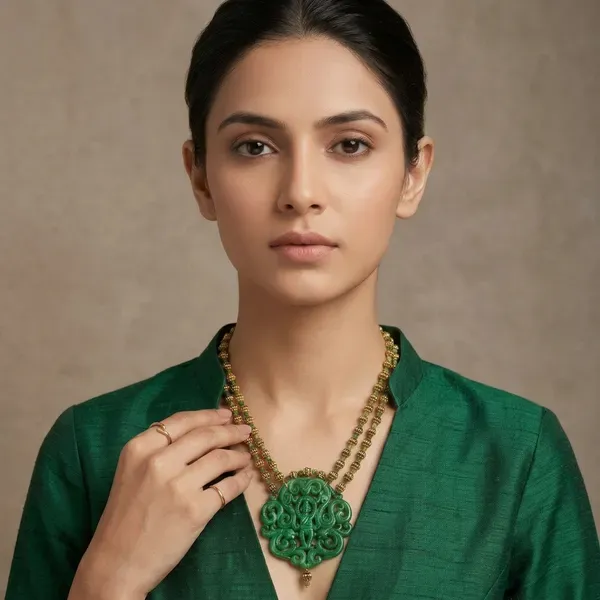 Gold_And_Green_Beaded_Carved_Stone_Pendant_Necklace_For_Women