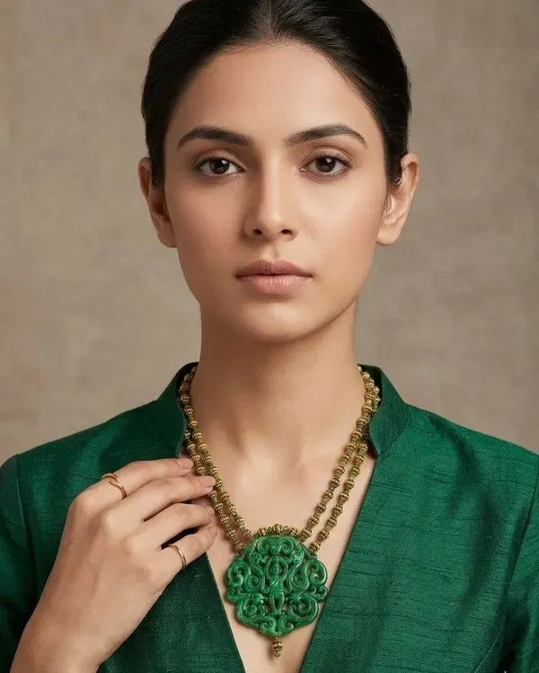 Gold_And_Green_Beaded_Carved_Stone_Pendant_Necklace_For_Women