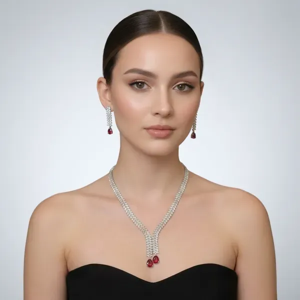 Silver_And_Ruby_Red_Stone_Cascading_Necklace_And_Earrings_Set_For_Women
