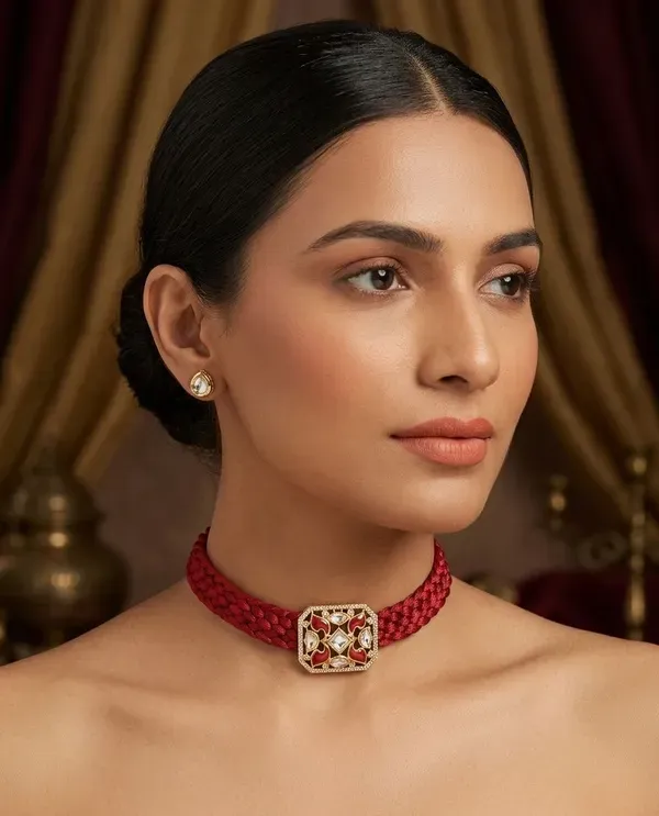 Maroon_And_Gold_Beaded_Kundan_Floral_Choker_Necklace_For_Women