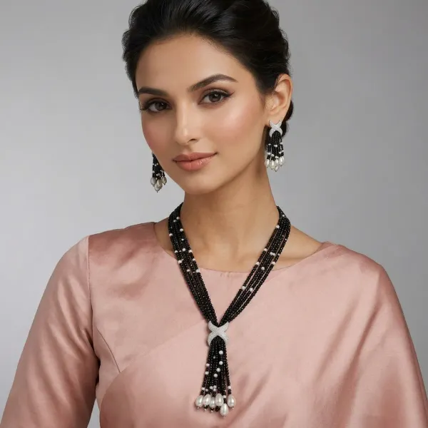 Black_Beaded_Pearl_Multi_Layer_Necklace_And_Earrings_Set_For_Women