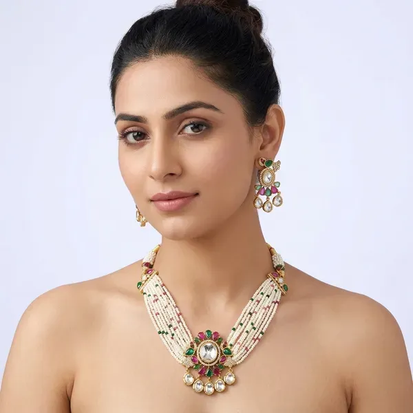 Gold_And_White_Kundan_Pearl_Beaded_Necklace_Set_For_Women