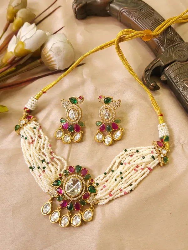 Gold_And_White_Kundan_Pearl_Beaded_Necklace_Set_For_Women