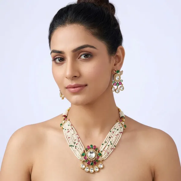 Gold_And_White_Kundan_Pearl_Beaded_Necklace_Set_For_Women