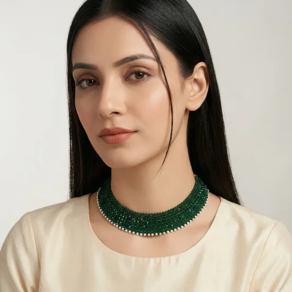 Green_Beaded_Pearl_Trim_Multi_Row_Choker_Necklace_For_Women