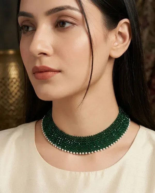 Green_Beaded_Pearl_Trim_Multi_Row_Choker_Necklace_For_Women