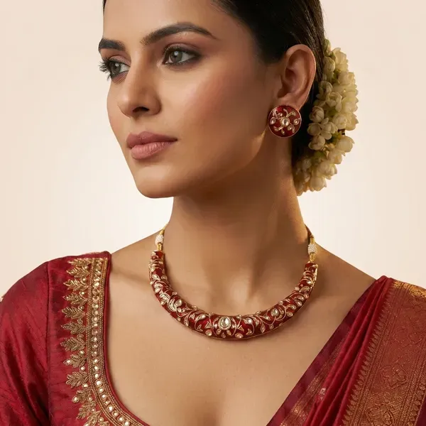 Maroon_And_Gold_Kundan_Stone_Choker_Necklace_Set_For_Women