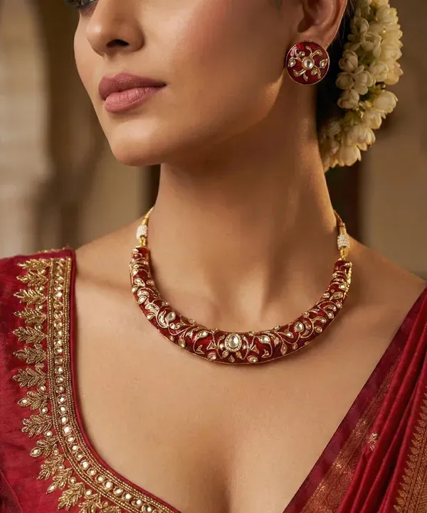 Maroon_And_Gold_Kundan_Stone_Choker_Necklace_Set_For_Women