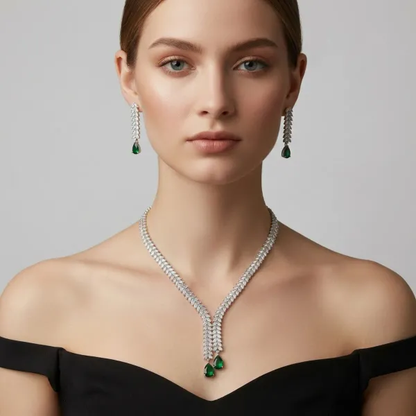 Silver_And_Emerald_Green_Drop_Necklace_And_Earrings_Set_For_Women