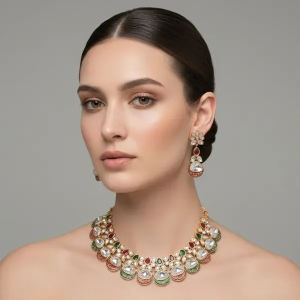 Gold_Kundan_Meenakari_Floral_Necklace_And_Earrings_Set_For_Women
