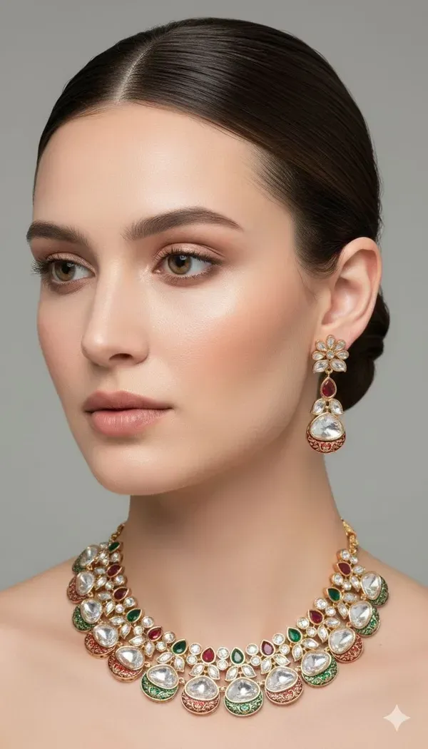 Gold_Kundan_Meenakari_Floral_Necklace_And_Earrings_Set_For_Women