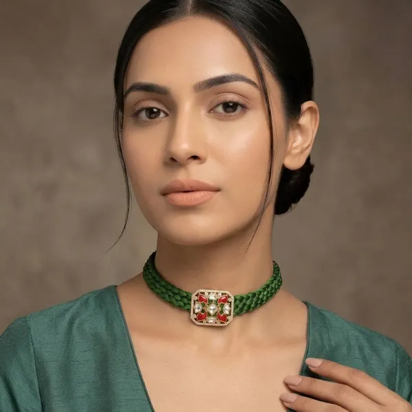 Green_Fabric_Braided_Kundan_Meenakari_Choker_Necklace_For_Women