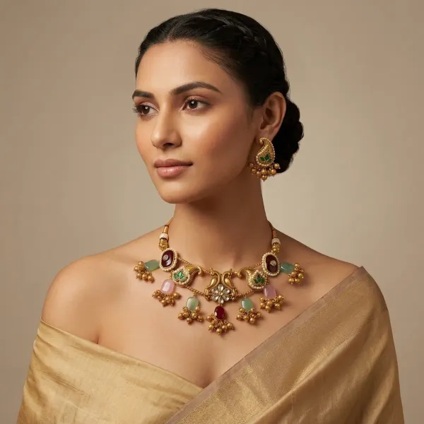 Multicolor_Kundan_Pearl_Antique_Choker_Necklace_Set_For_Women
