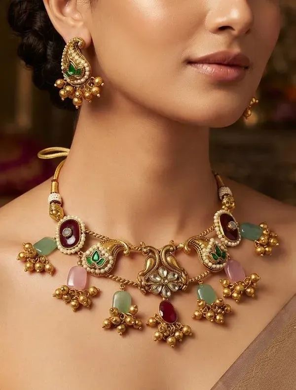 Multicolor_Kundan_Pearl_Antique_Choker_Necklace_Set_For_Women
