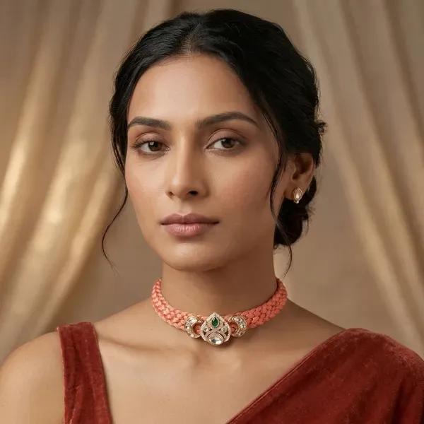 Peach_Beaded_Kundan_Choker_Necklace_Set_For_Women