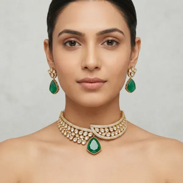 Gold_And_Green_Kundan_Stone_Choker_Necklace_Set_For_Women