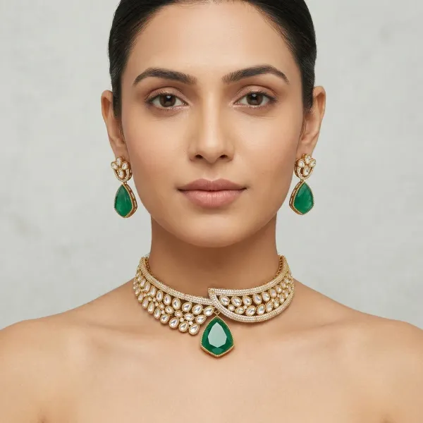Gold_And_Green_Kundan_Stone_Choker_Necklace_Set_For_Women