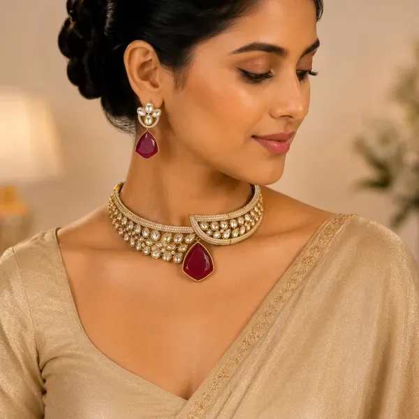 Gold_Kundan_And_Maroon_Stone_Choker_Necklace_Set_For_Women