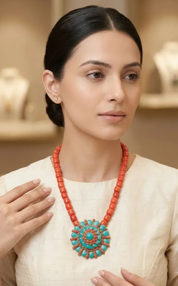 Coral_And_Turquoise_Beaded_Floral_Pendant_Necklace_For_Women