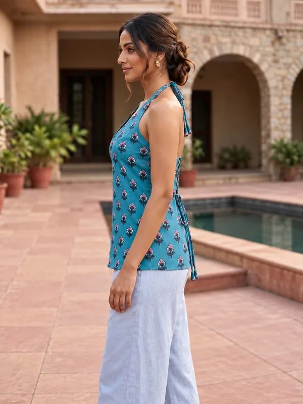Teal_Printed_Halter_Neck_Top_for_Women