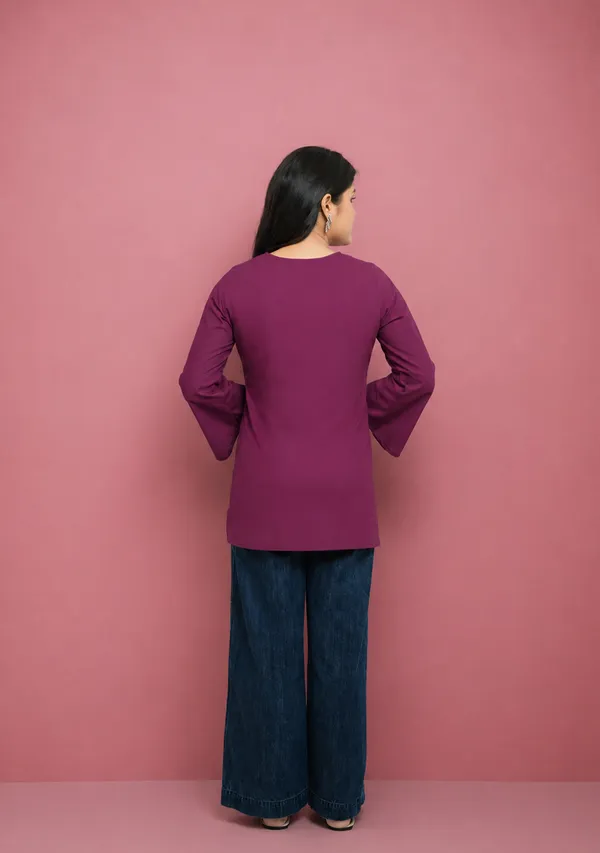 Rangini_Magenta_Bell_Sleeve_Cotton_Short_Kurti_Purple_Cotton