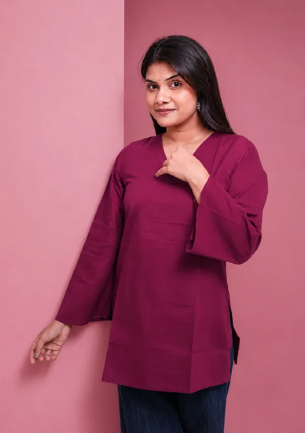 Rangini_Magenta_Bell_Sleeve_Cotton_Short_Kurti_Purple_Cotton