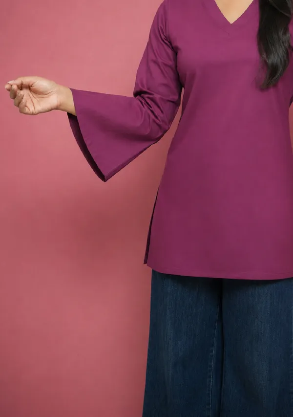 Rangini_Magenta_Bell_Sleeve_Cotton_Short_Kurti_Purple_Cotton