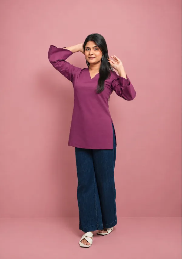 Rangini_Magenta_Bell_Sleeve_Cotton_Short_Kurti_Purple_Cotton