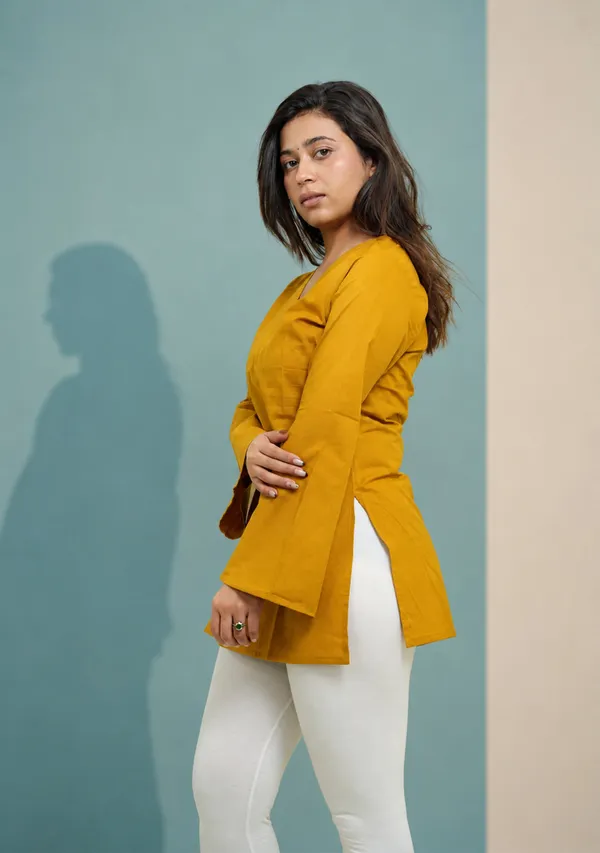 Rangini_Mustard_Bell_Sleeve_Cotton_Short_Kurti