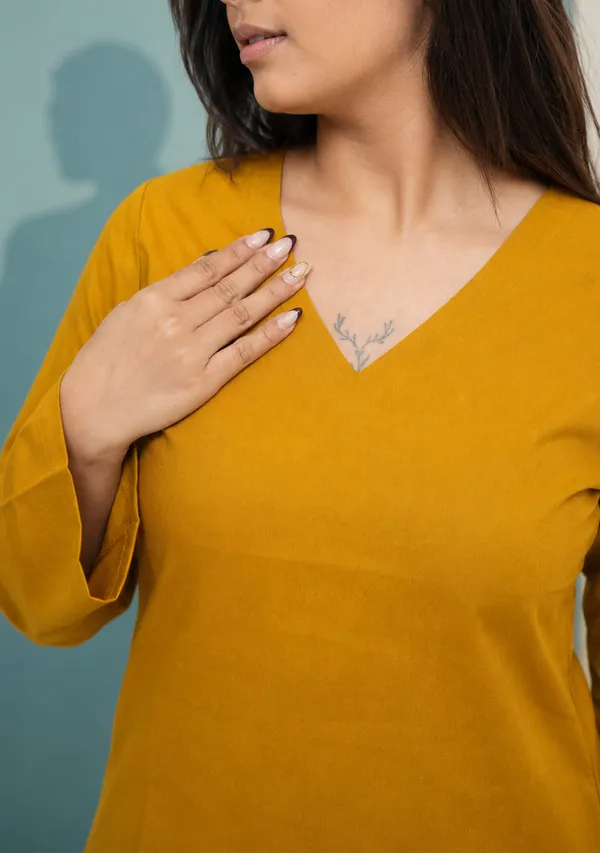 Rangini_Mustard_Bell_Sleeve_Cotton_Short_Kurti