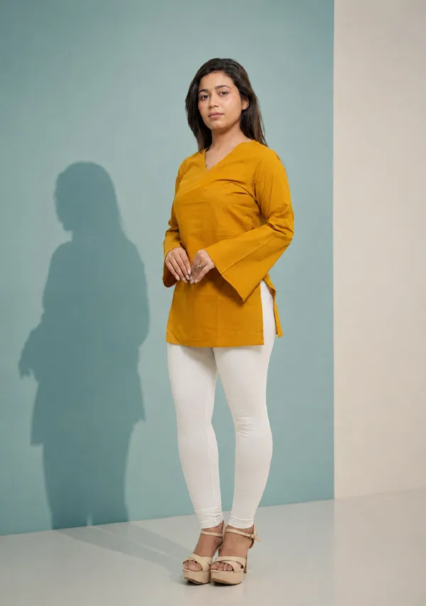 Rangini_Mustard_Bell_Sleeve_Cotton_Short_Kurti