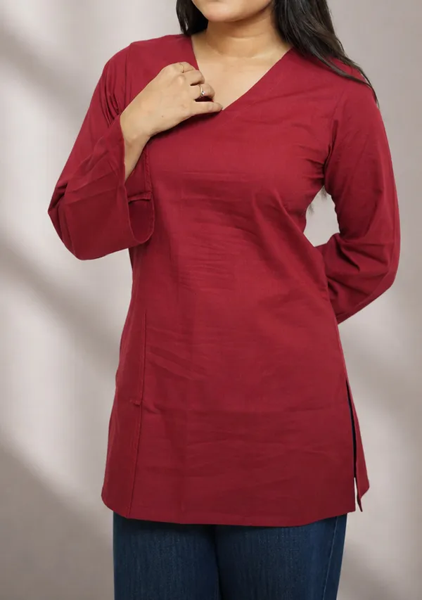 Rangini_Red_Bell_Sleeve_Cotton_Short_Kurti_Red_Cotton