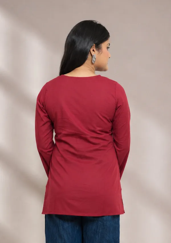 Rangini_Red_Bell_Sleeve_Cotton_Short_Kurti_Red_Cotton